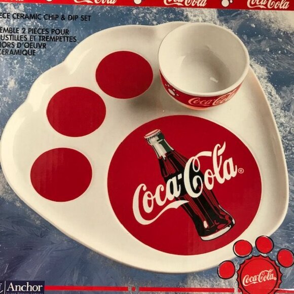 Coca-Cola Vintage 2 Piece Ceramic Chip & Dip Polar Bear Paw Anchor Hocking Set - Picture 11 of 13